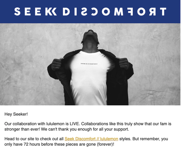 一封关于 Seek Discomfort 和 Lululemon 与穿着品牌 T 恤的男士合作的电子邮件