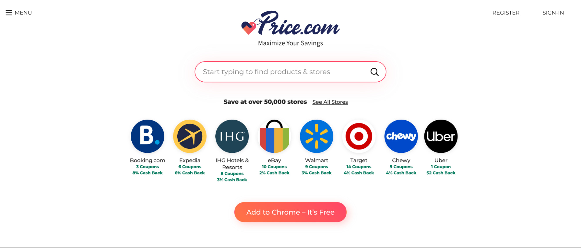 搜索栏上方的 Price.com 徽标以及 eBay、Uber 和 Target 等主要网站的折扣优惠。