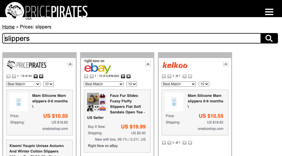 搜索结果页面包含来自 eBay 和 Kelkoo 等市场的“拖鞋”的三个结果。”
