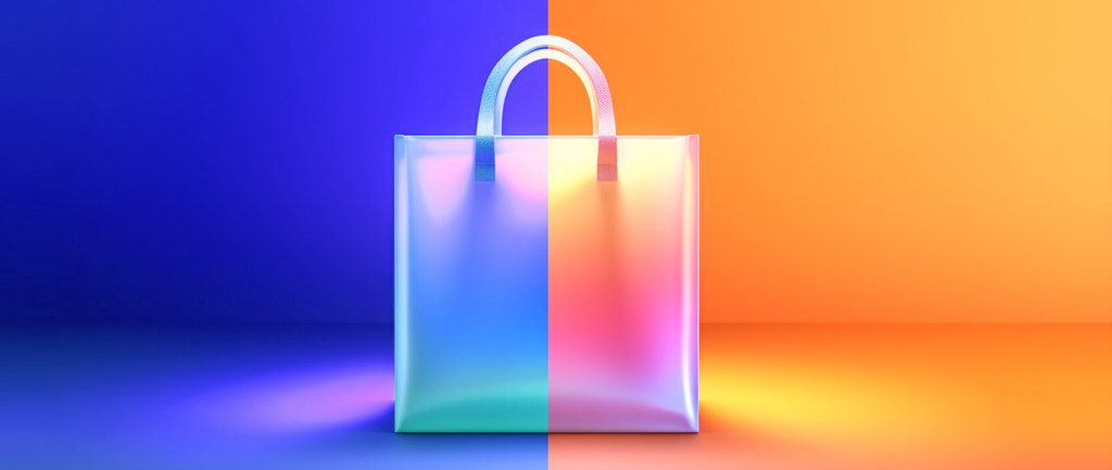 购物袋的图像分为两种颜色以代表零售与电子商务