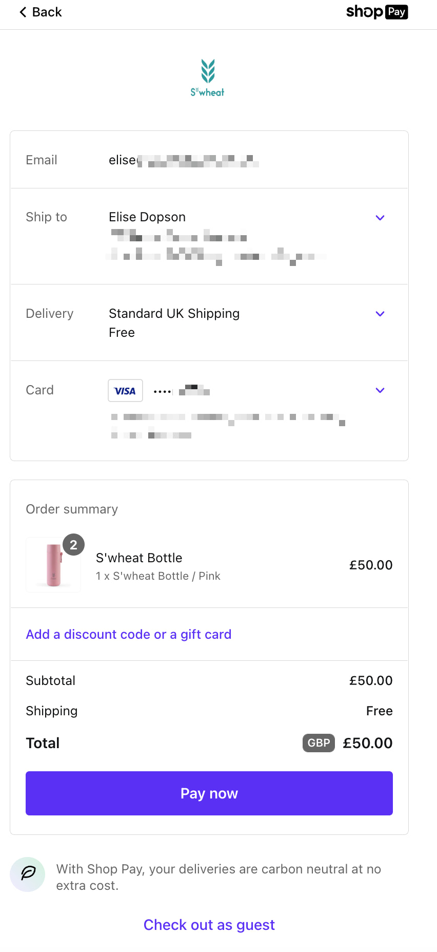 S’wheat 网站上使用 Shop Pay 的示例