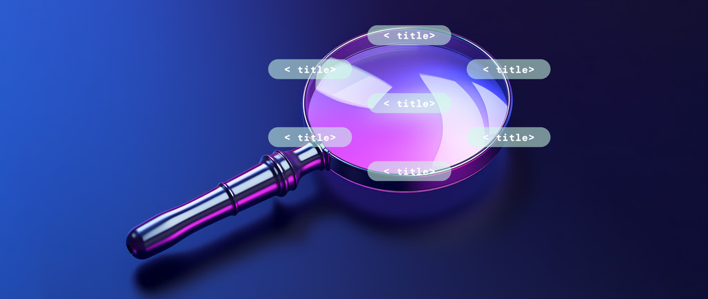 一个放大镜，其周围的代码中带有标题标签的符号：seo 标题标签