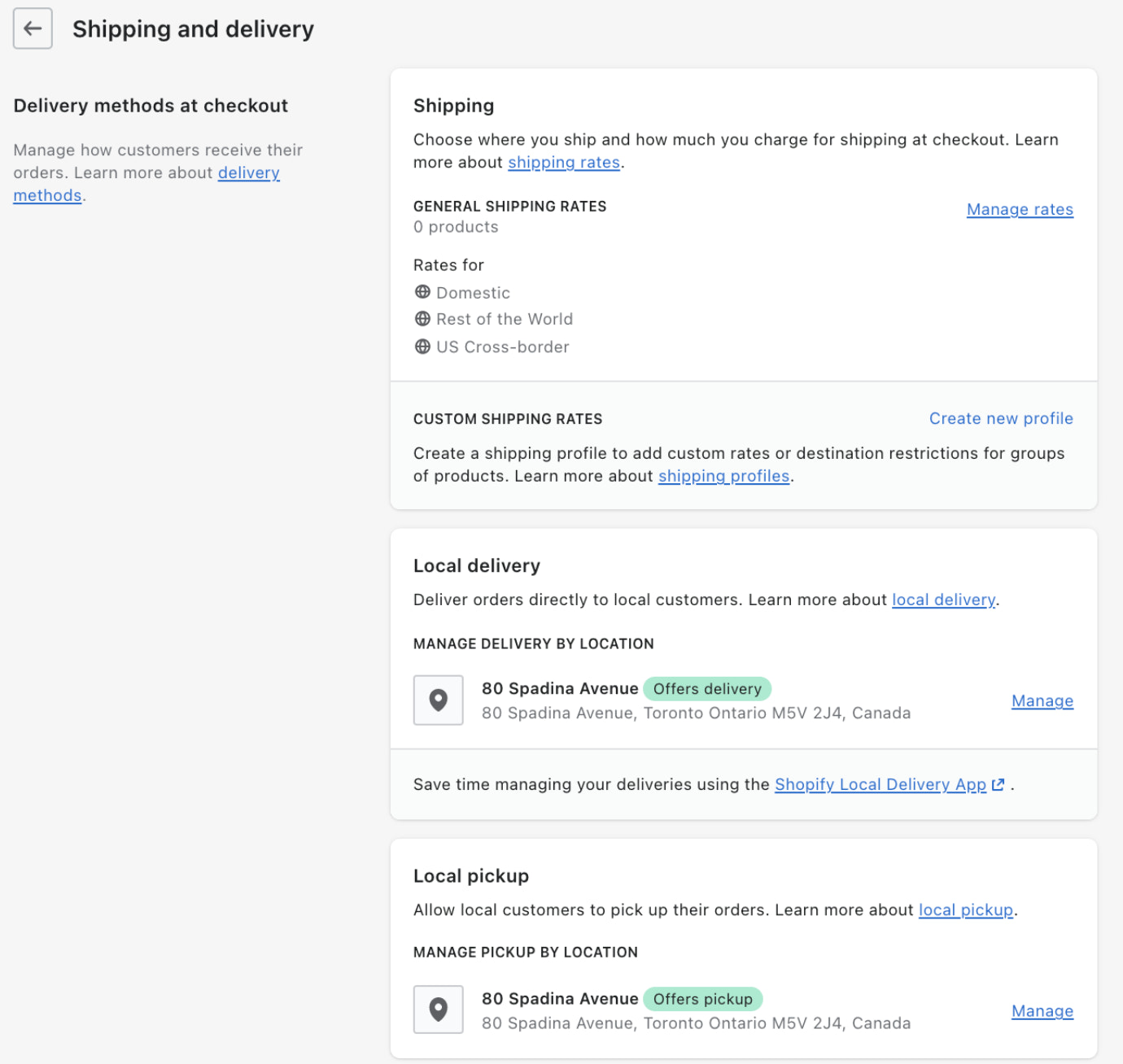 Shopify 商店内的运输和交付设置，包括运输、本地交付和本地取货选项。