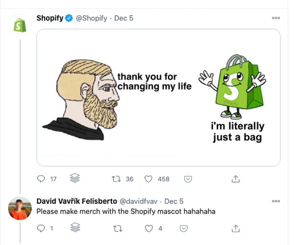 与 Shoppy（带脸的购物袋）一起发布的表情包推文，其中有粉丝索要 Shopify 商品
