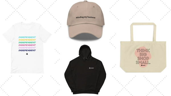 四种类型的 Shopify 商品、T 恤、运动衫、手提袋和帽子