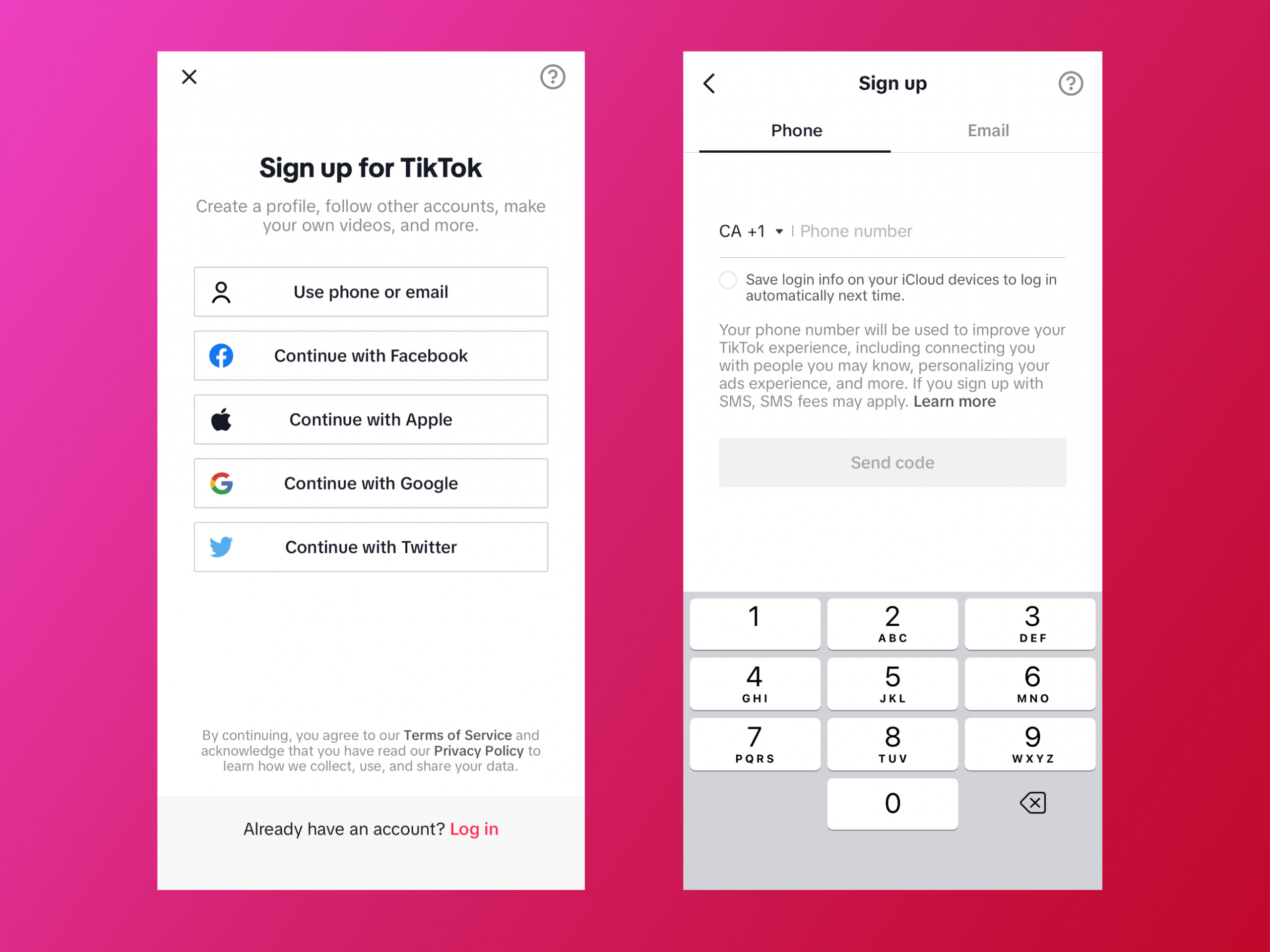TikTok UI 的并排移动屏幕显示注册流程