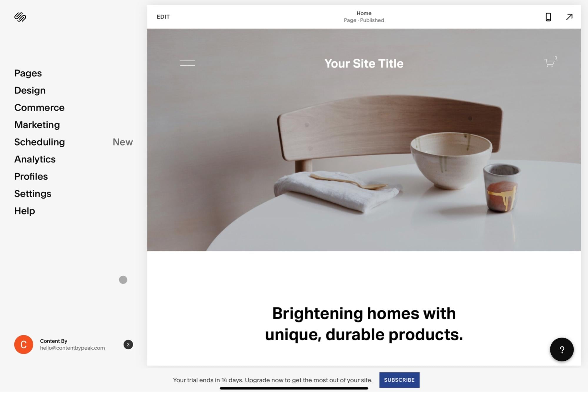 家居用品商店的 Squarespace 模板，其中包含桌子、木椅和碗的图像