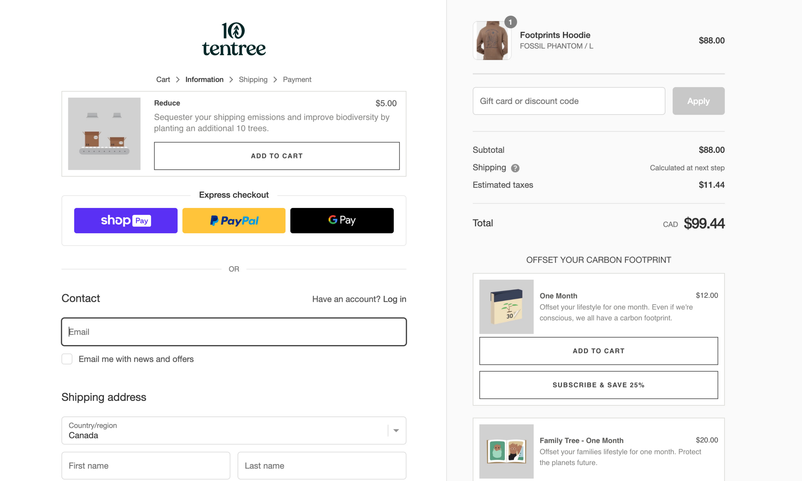 Tentree 电子商务网站的结账页面