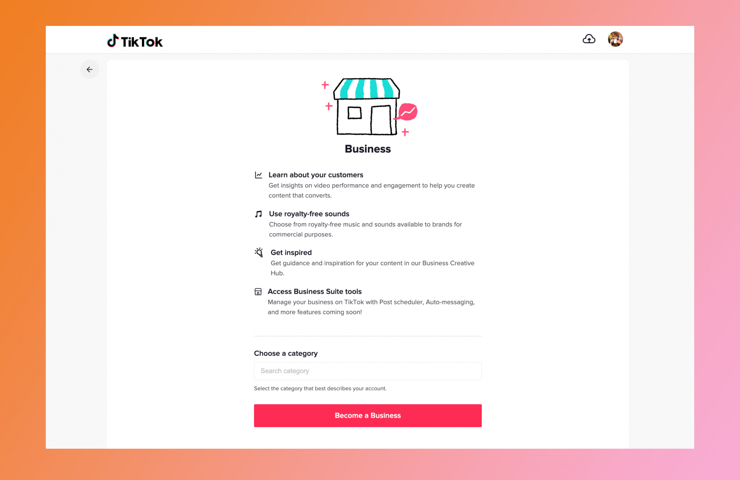 TikTok 设置页面显示 TikTok 企业帐户的注册流程