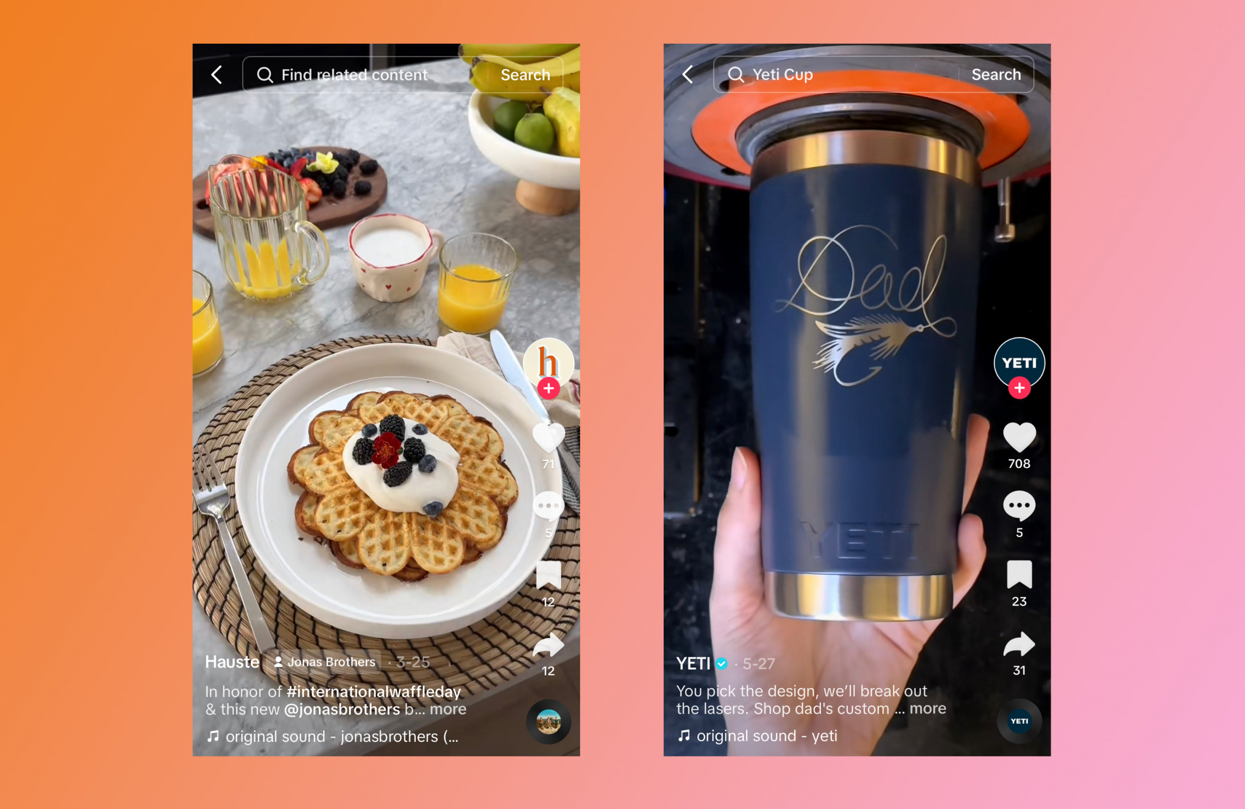 两个并排的面板展示了 TikTok 上及时品牌视频的示例