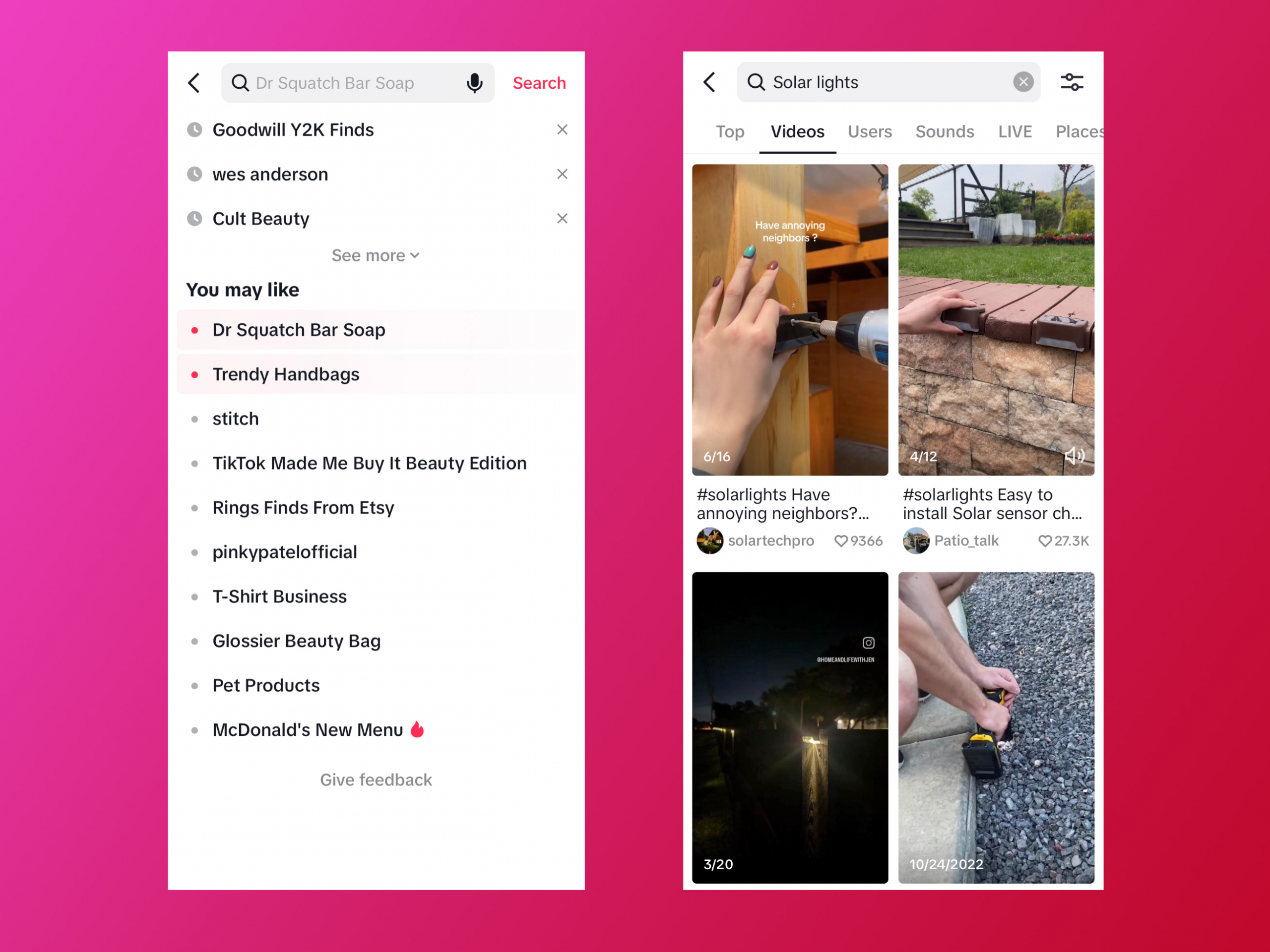 TikTok UI 的并排移动屏幕显示“发现”和“搜索”
