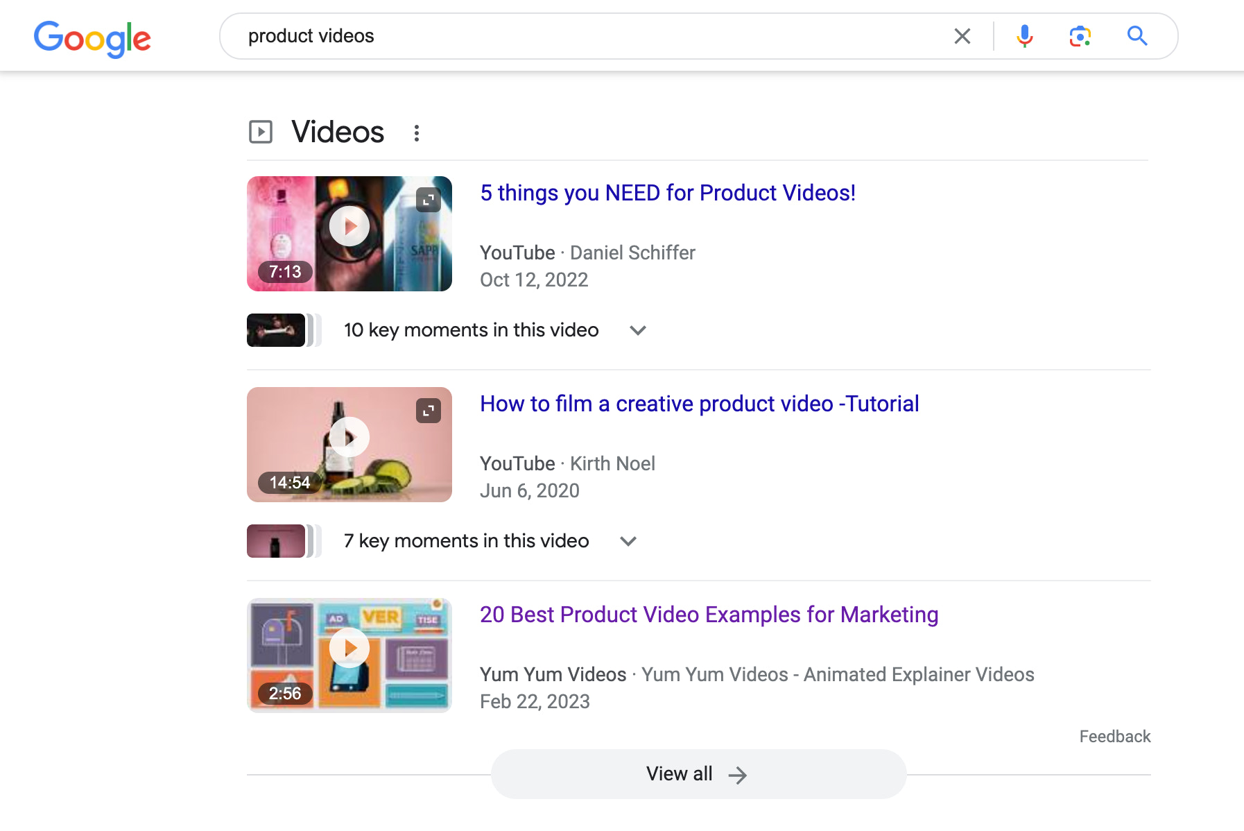 “产品视频”一词的 Google 搜索结果显示视频