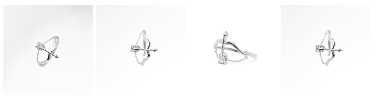 DOV Jewelry 有四张弓箭手戒指的白色背景图像，从不同角度拍摄。