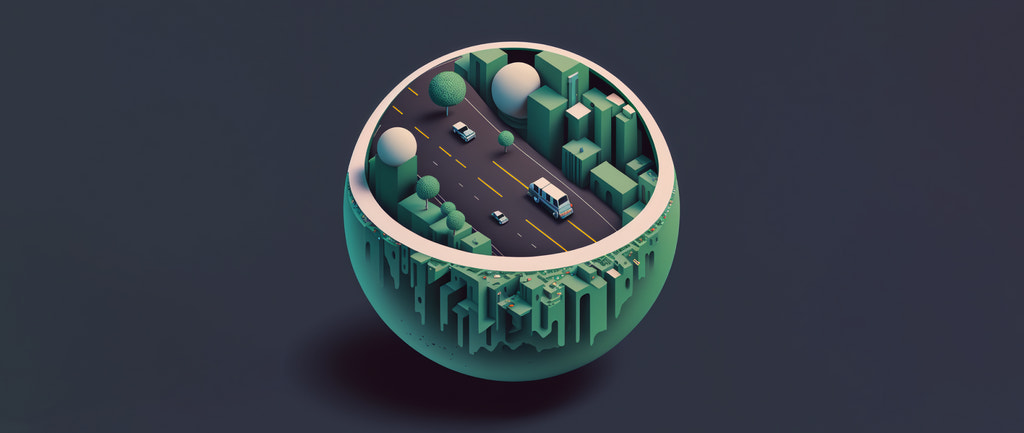 城市 3D 模型的数字渲染，显示道路上行驶的汽车：企业社会责任示例