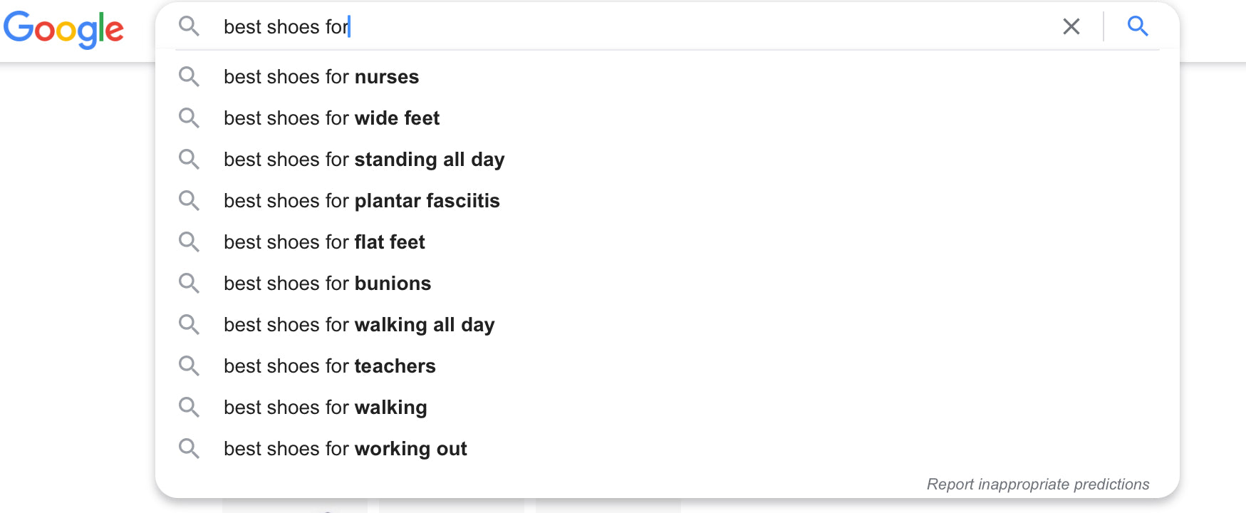 带有自动完成建议的 Google 搜索屏幕截图