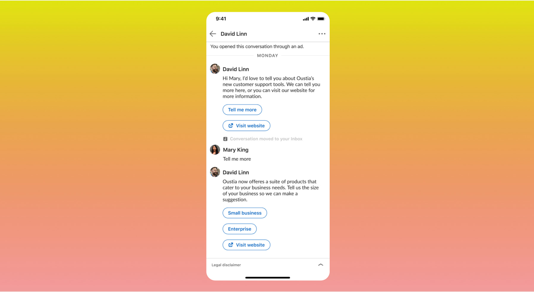 Linkedin 对话广告示例显示大卫与玛丽联系。