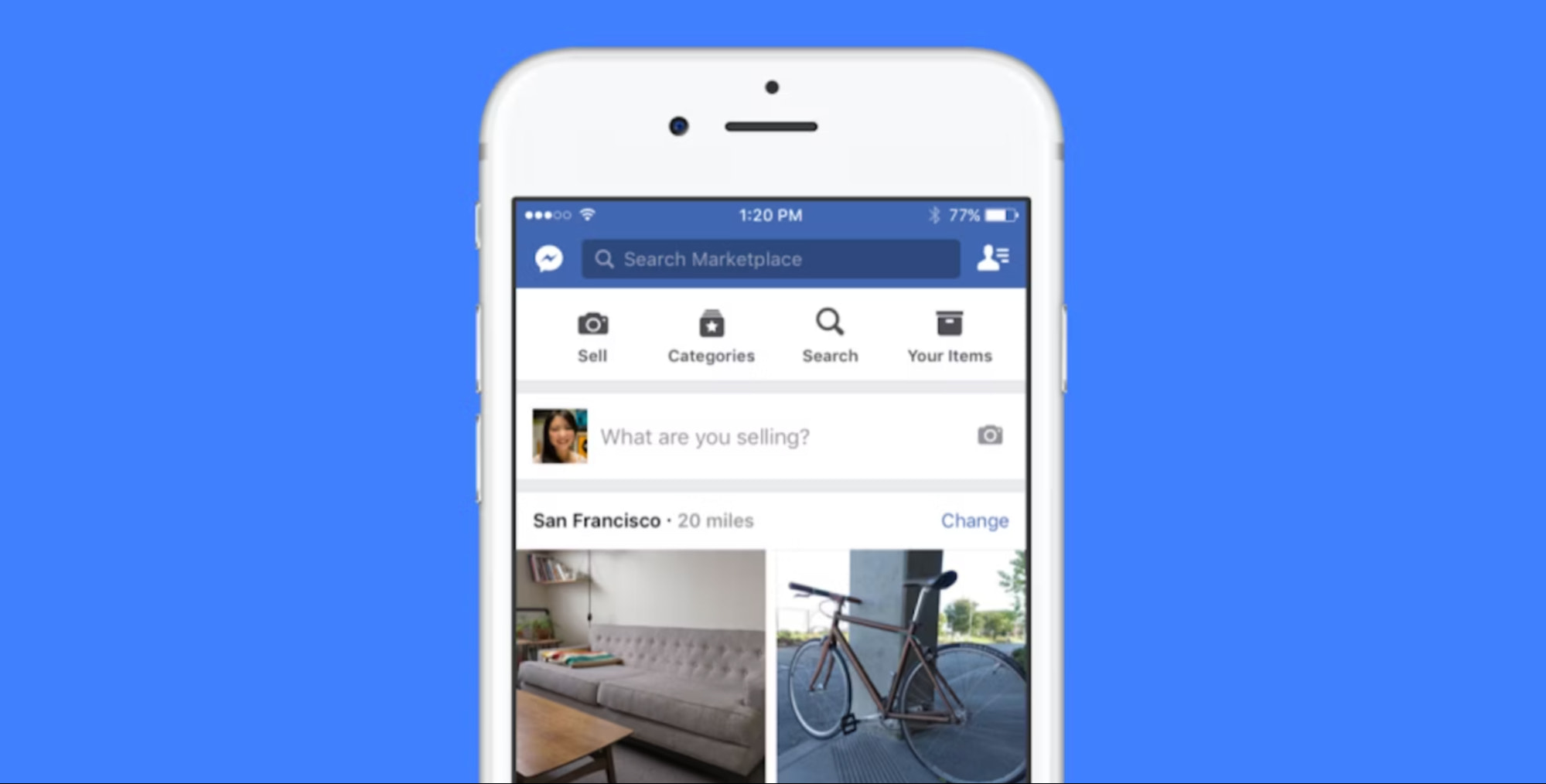 iPhone 在蓝色背景上显示 Facebook Marketplace 主页。