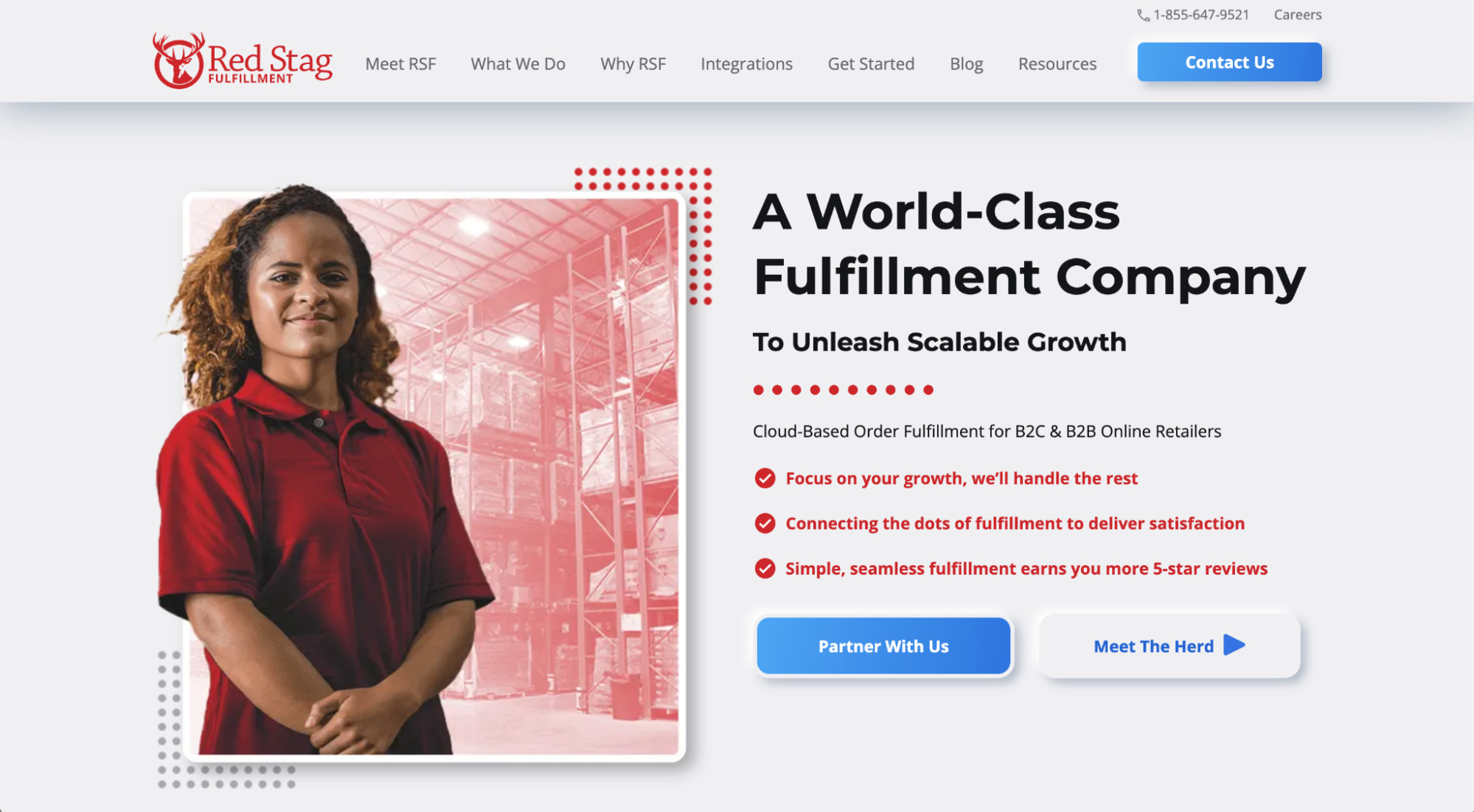 Red Stag Fulfillment 网站上有仓库中人员的图像和服务列表。