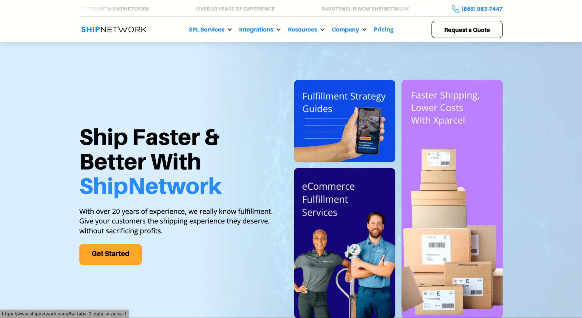 ShipNetwork 网站提供服务和定价选项、公司描述和促销图片。