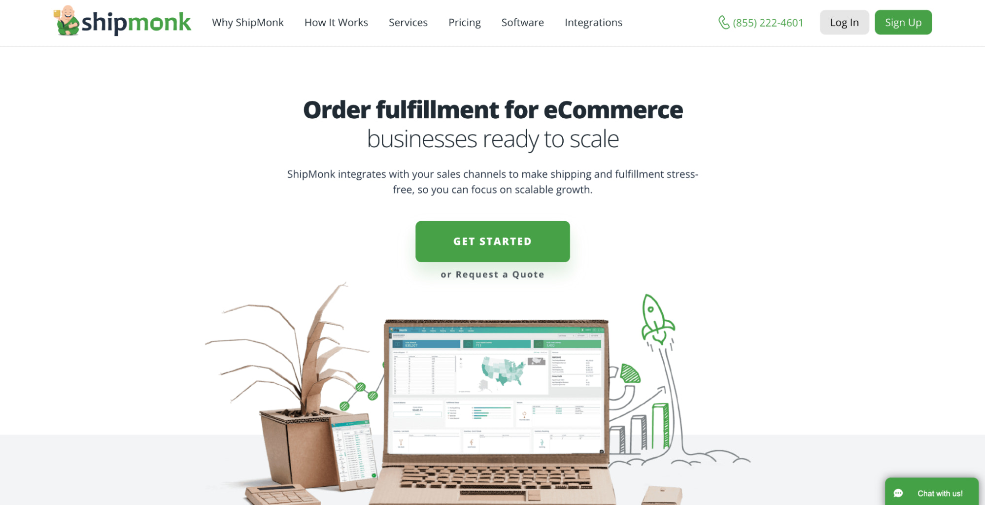 ShipMonk 网站，其中包含公司摘要和桌面设备纸板模型的图像。