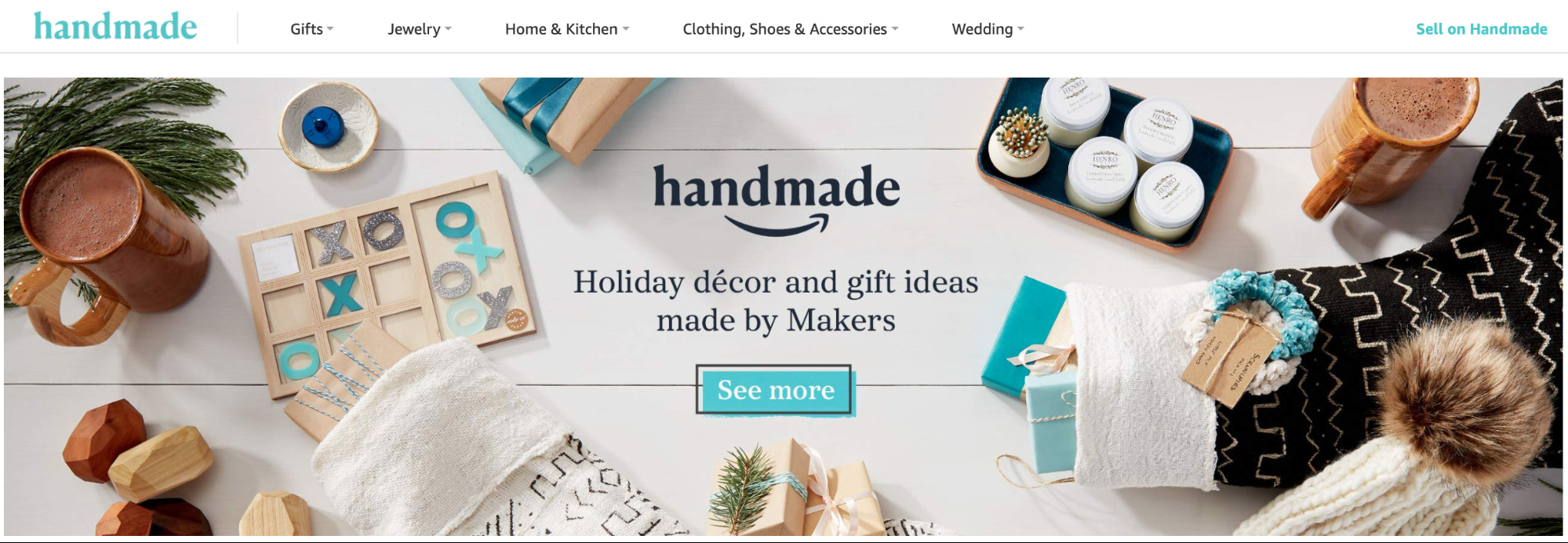Amazon Handmade 英雄形象的屏幕截图，展示了一系列手工制作的节日礼物。