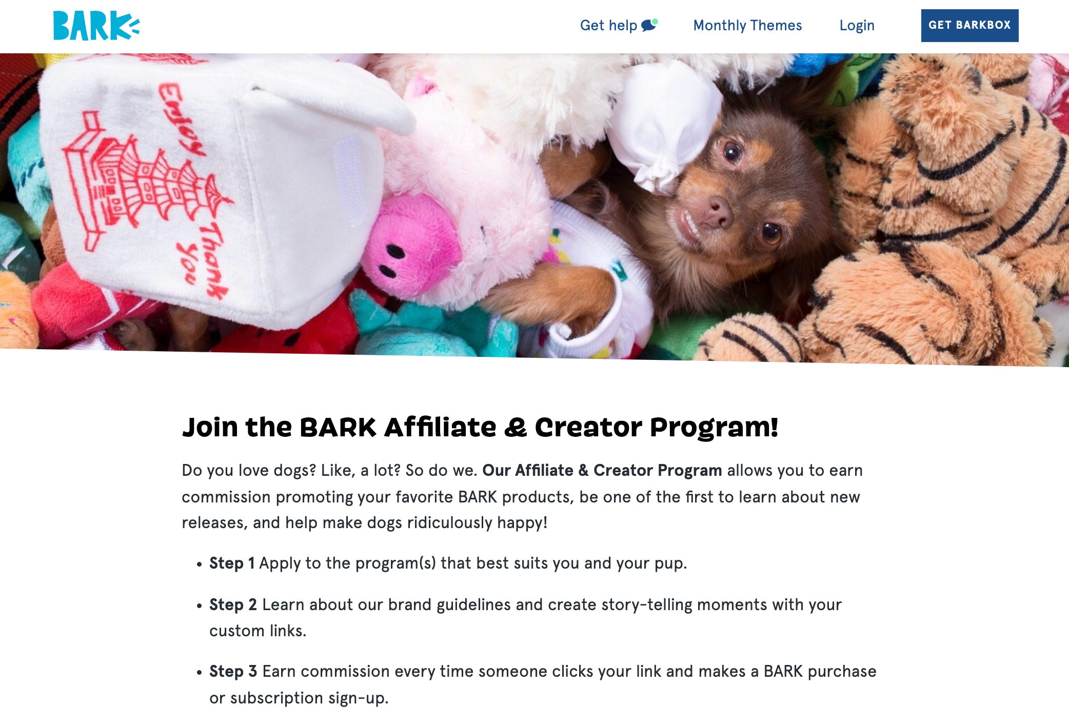 Barkbox 附属计划邀请函，上面有毛绒动物中的狗的图像。