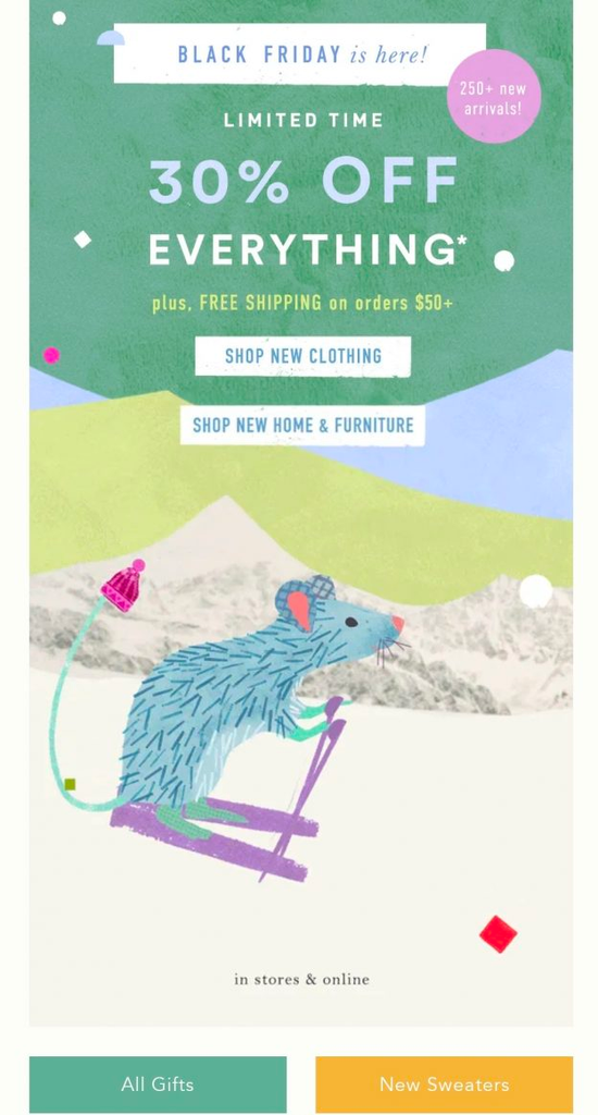 来自 Anthropologie 的电子邮件提供免费送货服务，并附有老鼠滑雪的插图。