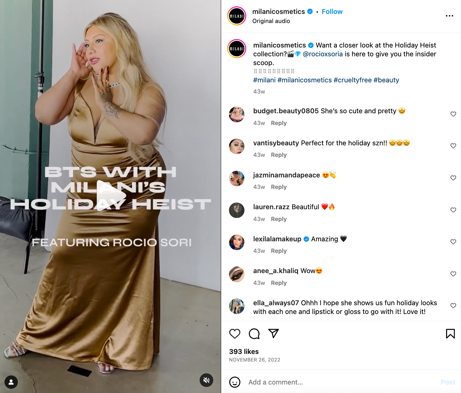 Milani Cosmetics 的 Instagram 视频在评论旁边介绍了其 Holiday Heist 系列。