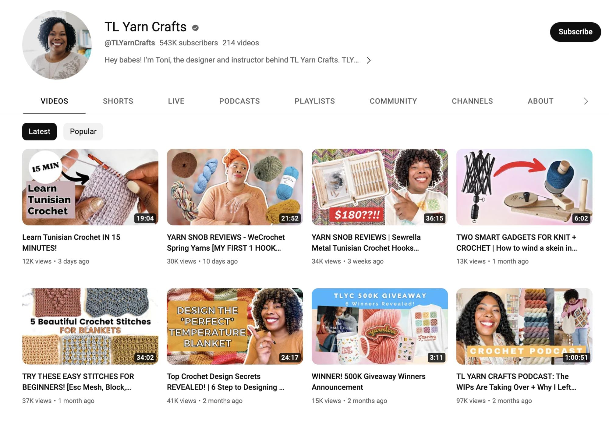 TL Yarn Crafts 的 YouTube 频道截图
