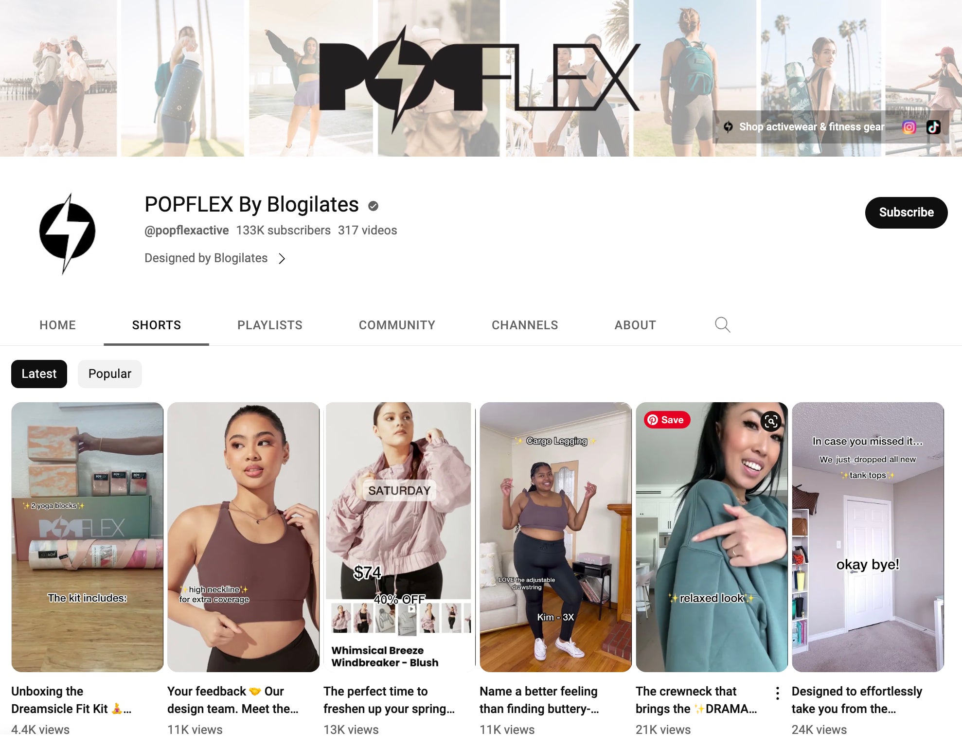 POPFLEX YouTube Shorts 页面的屏幕截图