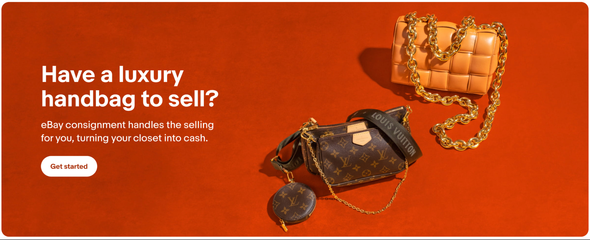 eBay 寄售的横幅图像，其中以豪华手袋图像作为收货人产品的示例。