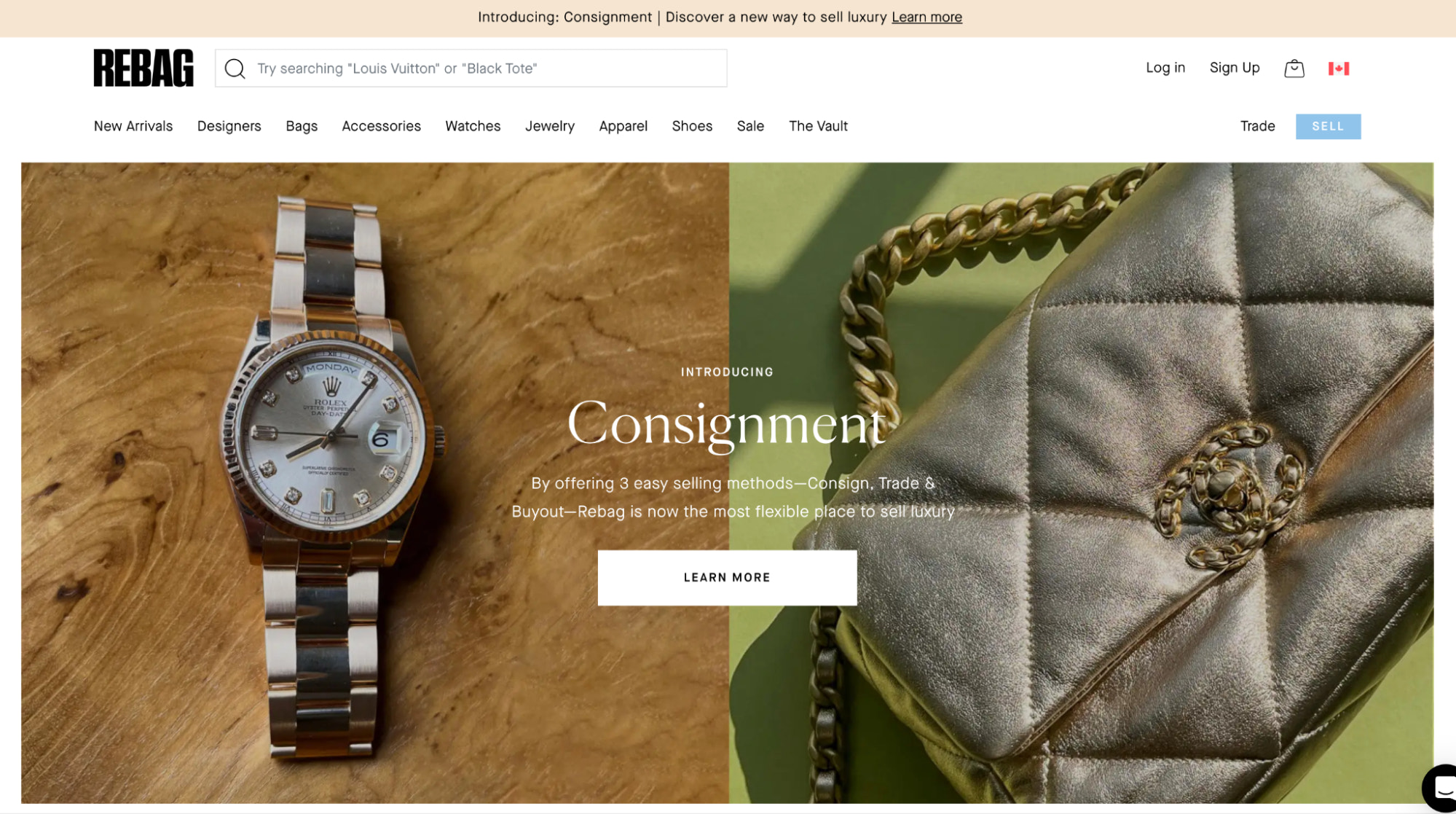 Rebag 寄售奢侈品商店主页，上面有劳力士手表和香奈儿手提包的图片。