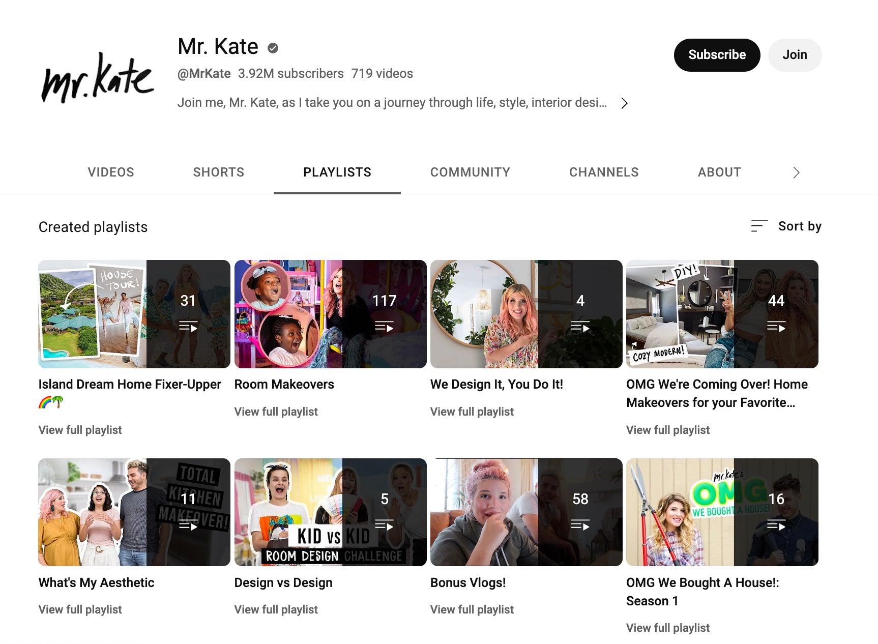 凯特先生的 YouTube 播放列表页面的屏幕截图