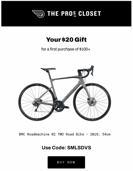 Pro’s Closet 电子邮件，其中包含自行车图像和唯一的优惠券代码。
