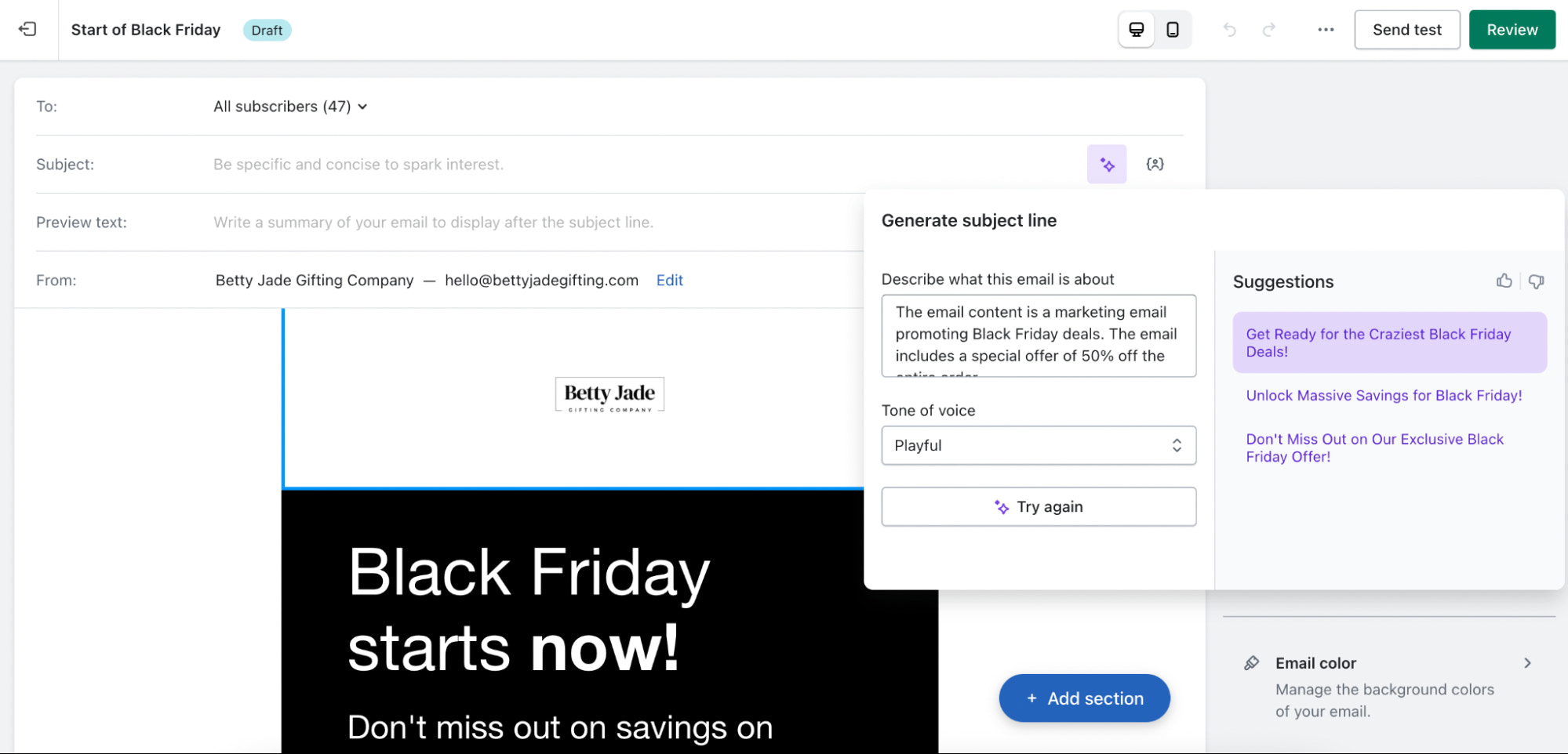 Shopify Magic 建议以黑色星期五为主题的电子邮件主题行。