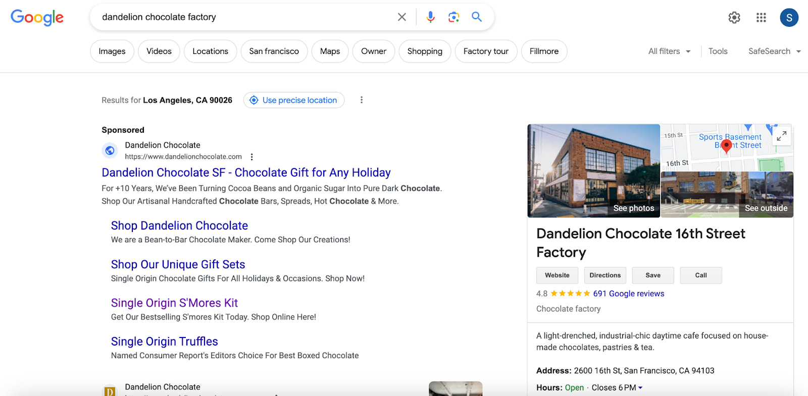Google SERP 中的术语“蒲公英巧克力工厂”