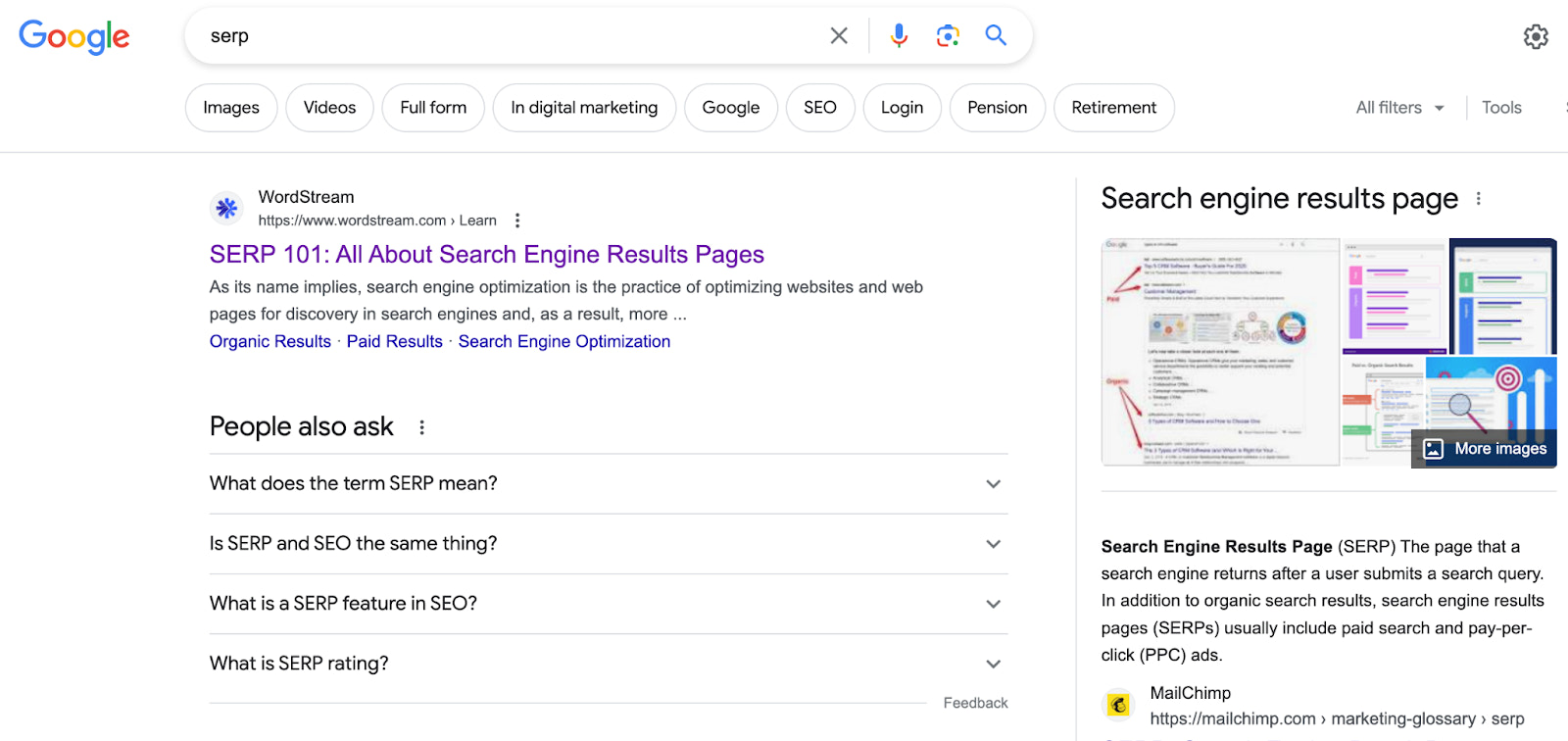 查询“SERP”的 Google SERP 在第一个有机结果下方有一个“人们也问”部分，右上角有一个知识面板。