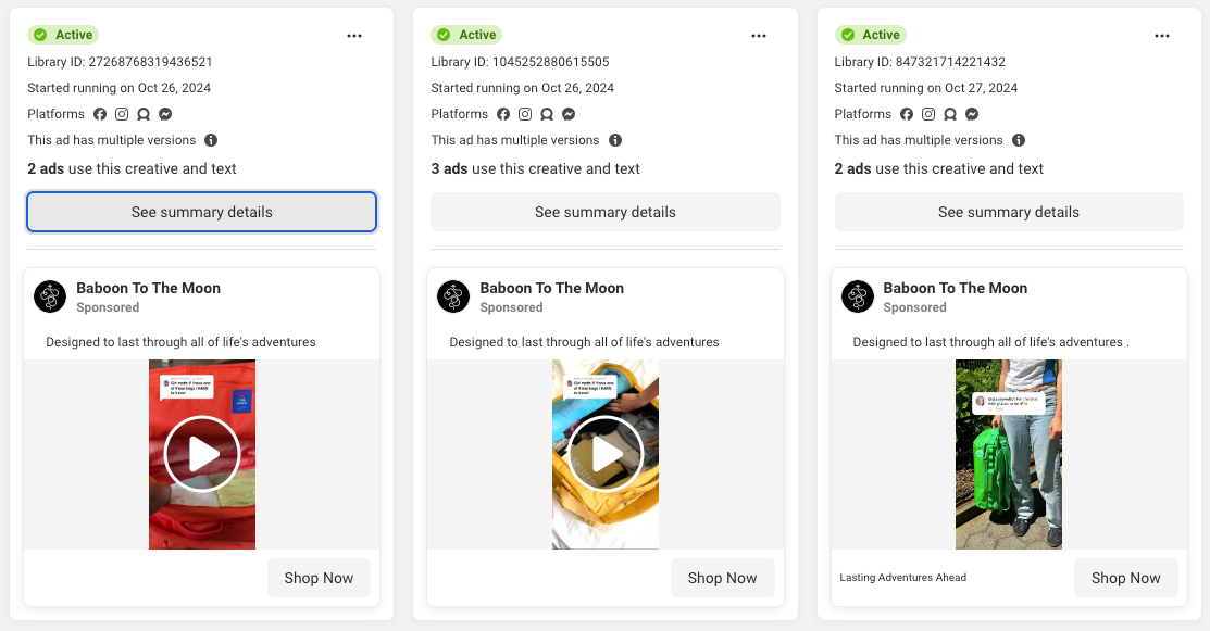 展示了 Baboon to the Moon 的三则 Facebook 广告，它们都写着："旨在经受住生活中所有冒险的考验。" 的截图