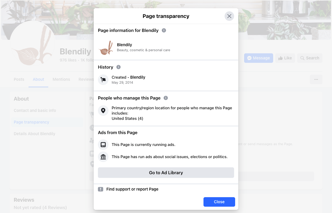 Blendily Facebook 商业页面中的页面透明度页面截图