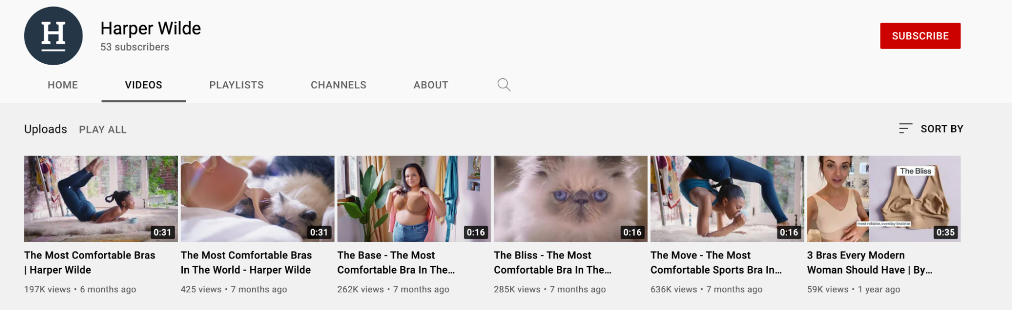 Harper Wilde 的 YouTube 频道主页，以平铺格式展示七个视频。