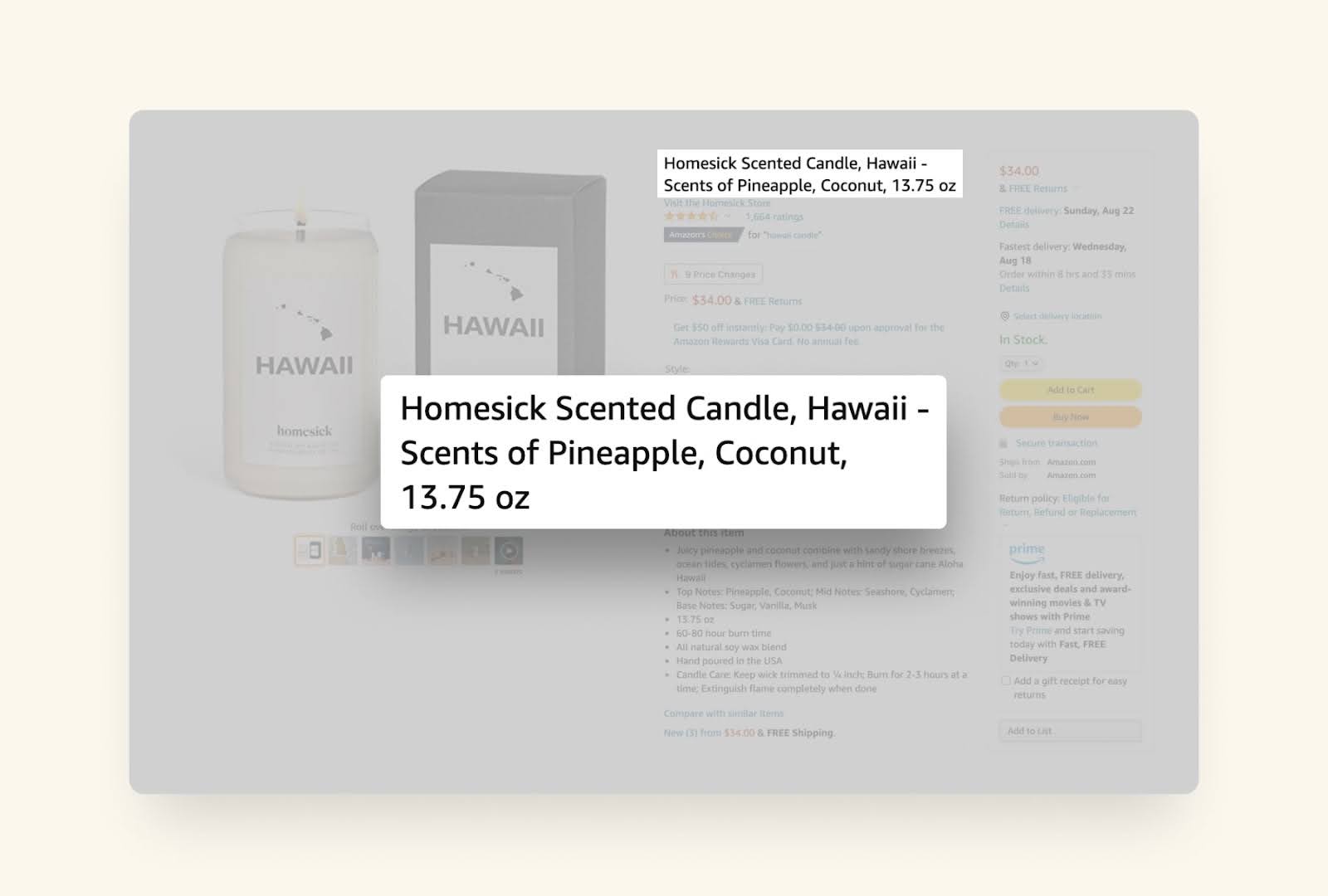 Homesick品牌夏威夷香味蜡烛的产品页面。